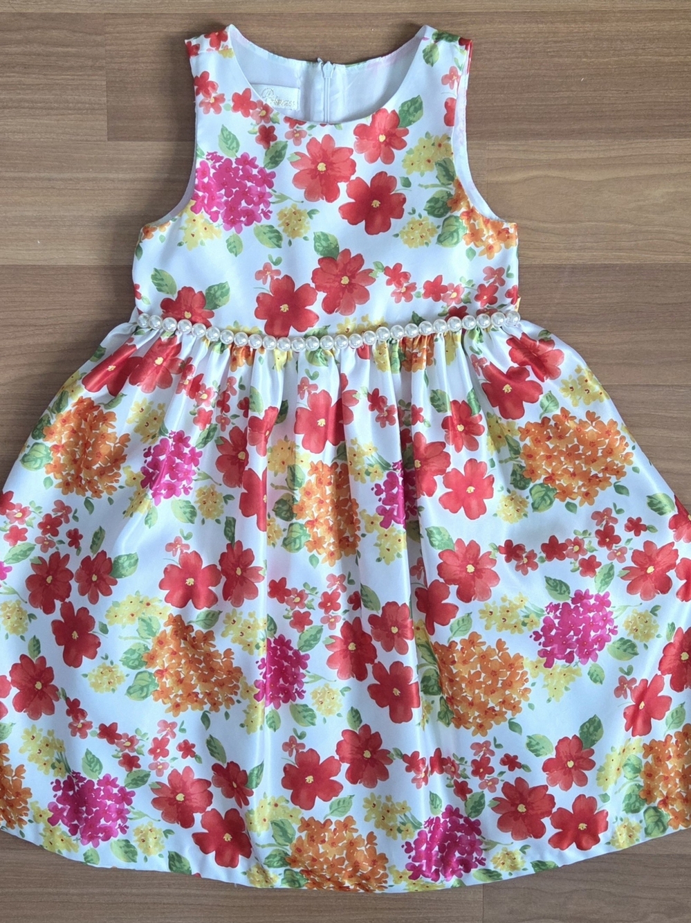 American Princess, Size 6 Girls, White Sateen Dress with Floral Print, Like New